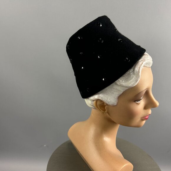 1940s Black Felt Military Hat w/ Jet Beads | Tall Vintage New York Creation Hat main image 5